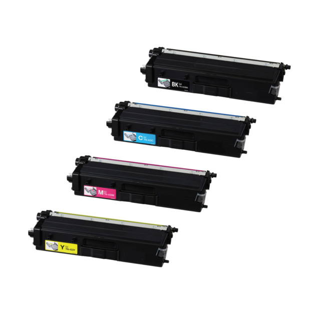 Premium Quality Black, Cyan, Magenta, Yellow High Yield Toner Cartridges compatible with Brother TN-433BK, TN-433C, TN-433M, TN-433Y